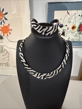 Jimmy Crystal New York Zebra Print Black Silver Collar Necklace & Cuff Bracelet